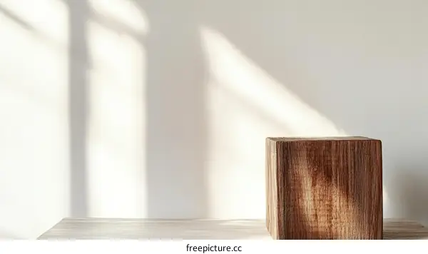 Wooden Block Display Against a White Wall with Sunlight