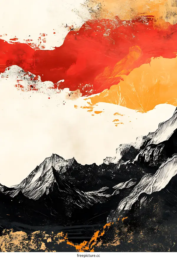 Abstract Mountain Landscape with Red and Yellow Paint Splatter