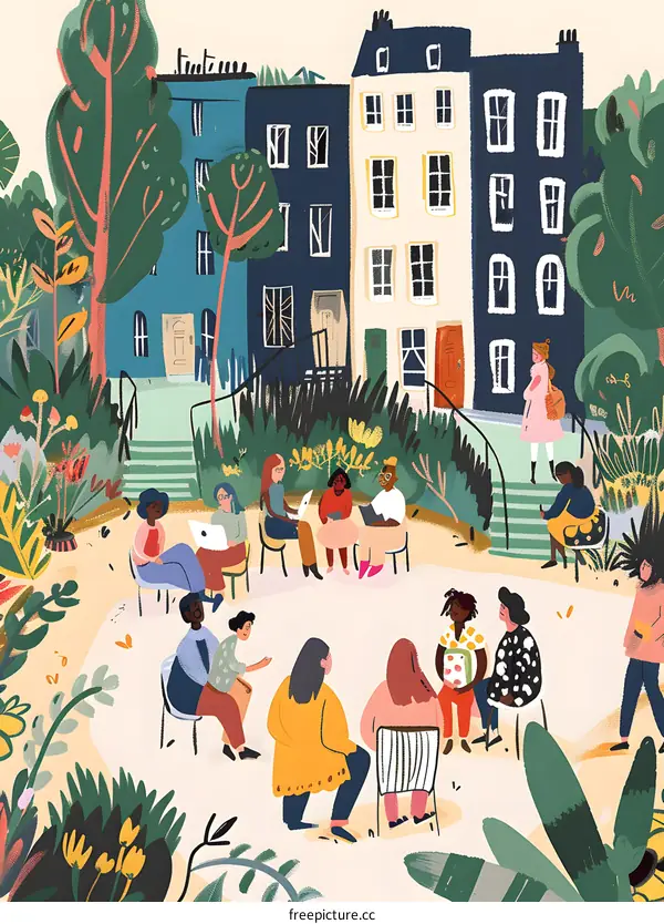 Diverse Group Of People Sitting In A Circle In A Garden