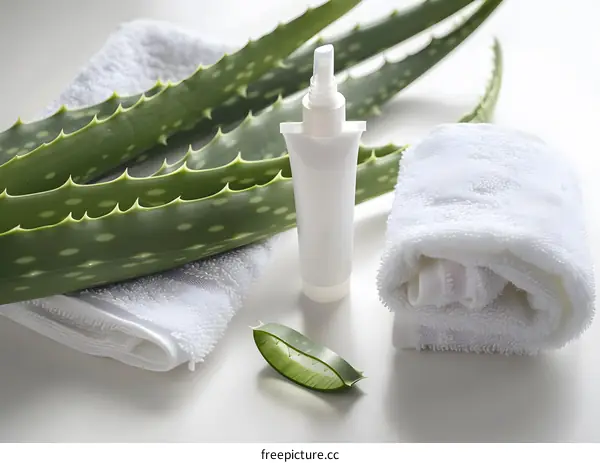 Aloe Vera Plant With White Towel And Tube Of Cream