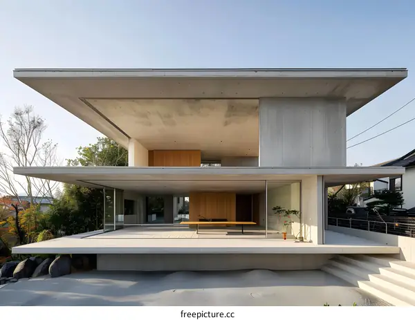 Modern Concrete House with Large Windows and Patio