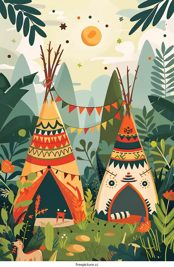 Colorful Cartoon Illustration of Two Teepees in Forest