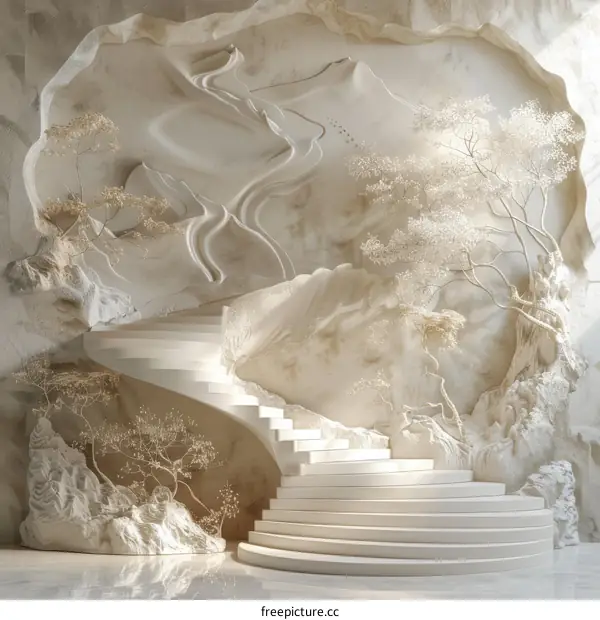Elegant White Staircase with Artistic Landscape Design