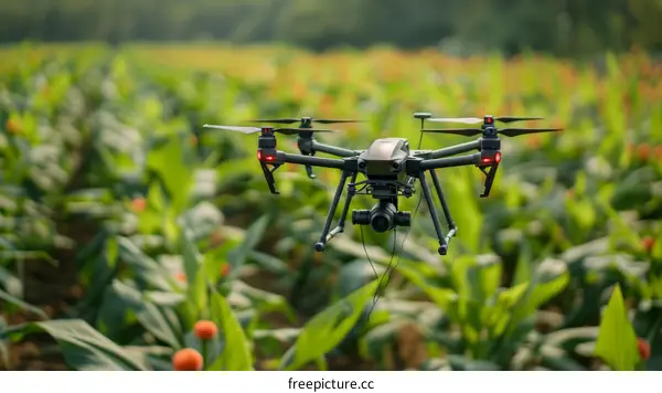 Agriculture Drone Flying Over Crops in Green Field