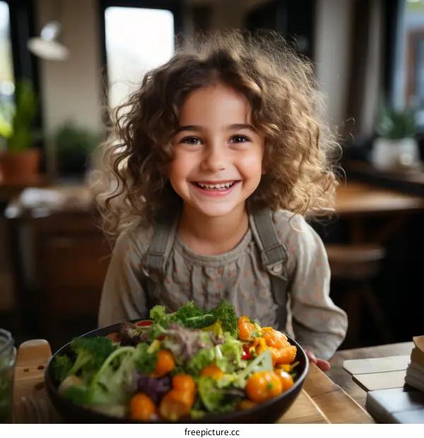Little girl with curly hair smiling over a big bowl of salad