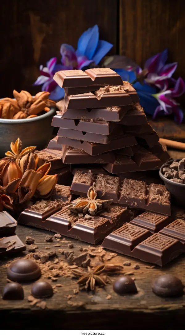 A variety of chocolate bars stacked together with spices and nuts