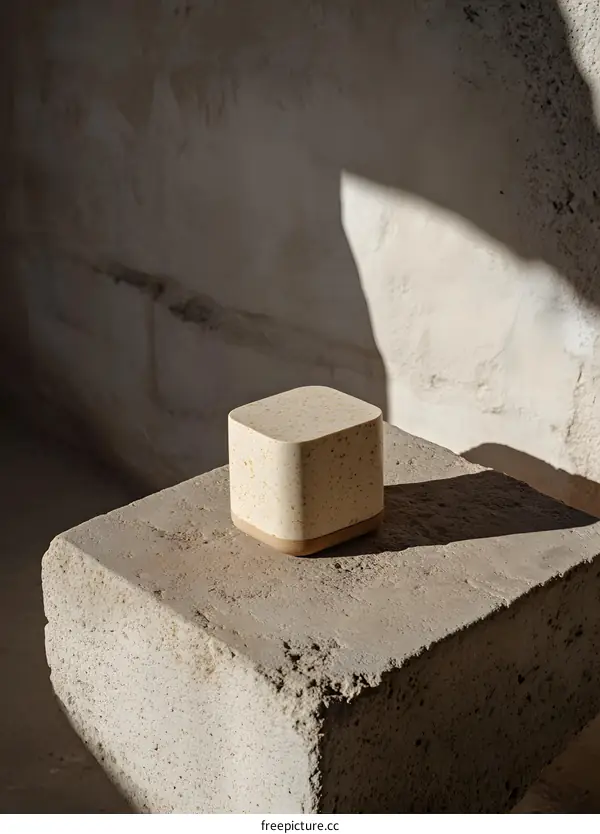 Beige Speckled Ceramic Cube on Concrete Block Against a White Wall