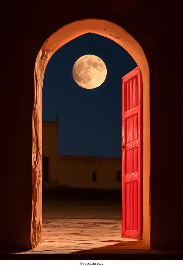 Red Doorway Open To Full Moon Night