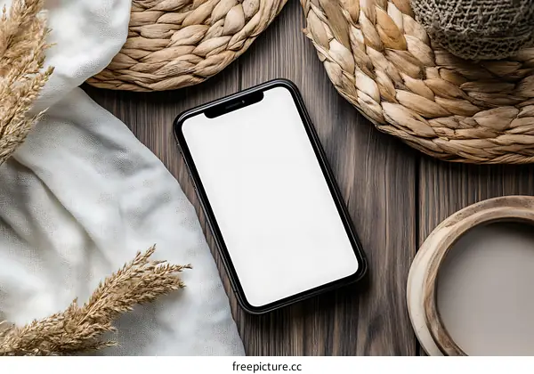 Blank Screen Smartphone On Wooden Background
