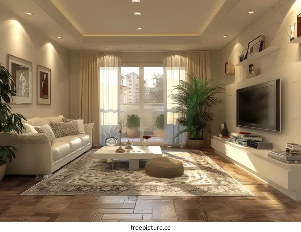 Bright Modern Living Room Interior with Plants and Large Windows