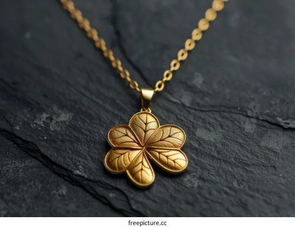 Close-up image of gold four-leaf clover pendant
