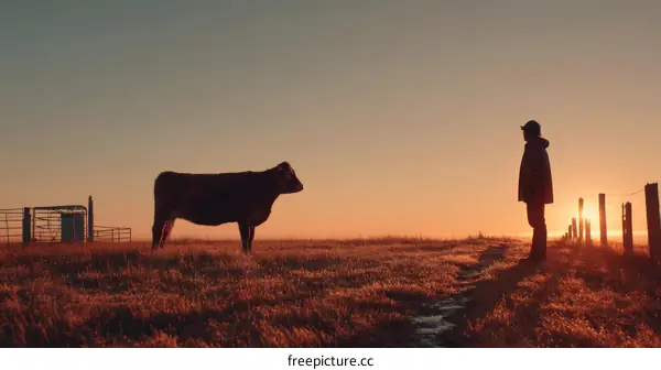 Sunrise Silhouette of a Cow and a Person in a Field