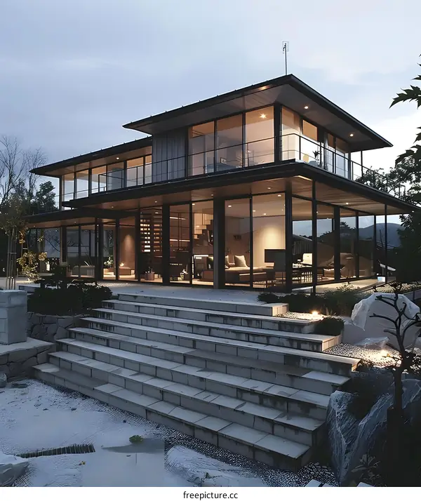 Modern Two Story House with Stone Steps and Large Glass Windows