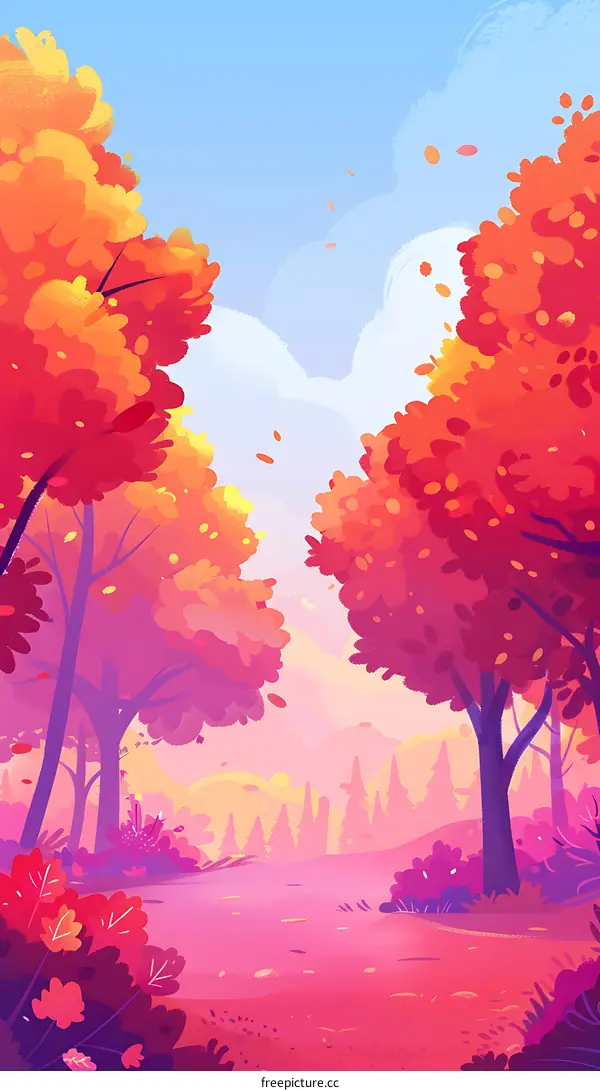 Autumn Forest Illustration with Pink Sky