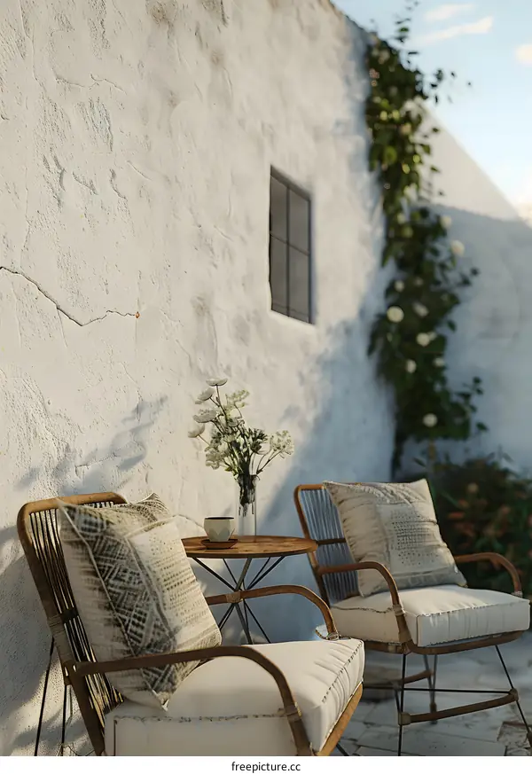 White Wall Patio With Two Chairs And Flowers