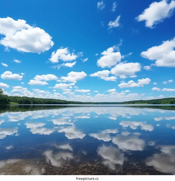 Blue sky and white clouds over a lake
