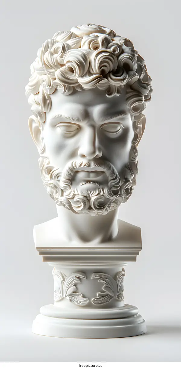 plaster head of a man with curly hair and beard