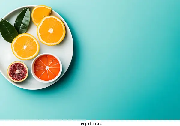 Fresh Orange Slices On White Plate With Green Leaves On Blue Background