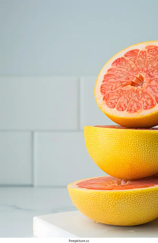 Freshly Cut Grapefruit on White Countertop
