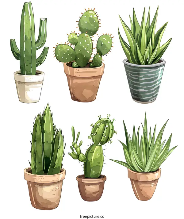 Collection of potted cactus and succulent plants illustration