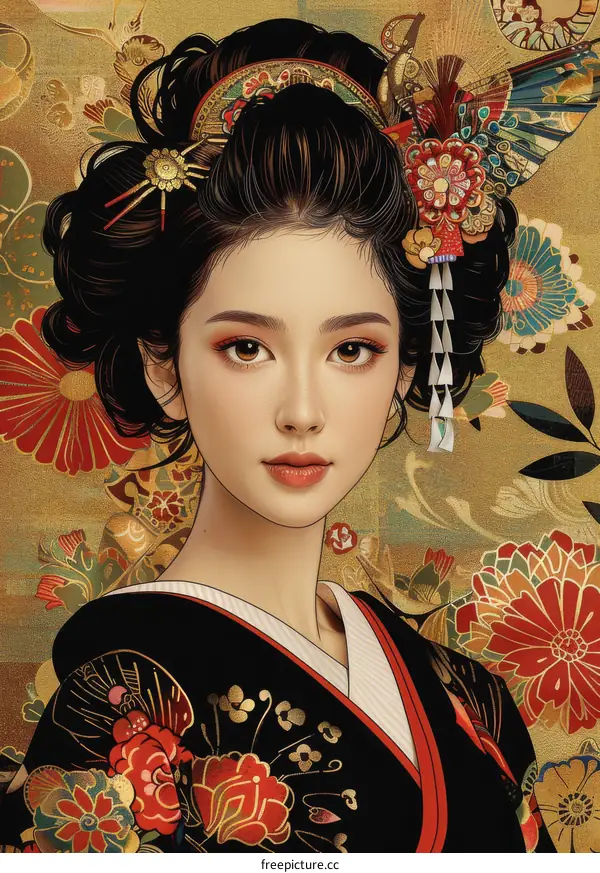 An illustration of a Japanese woman wearing a kimono with a floral pattern and a traditional hairstyle.