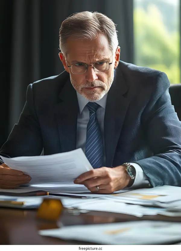 Serious Businessman Looking At Paper Documents