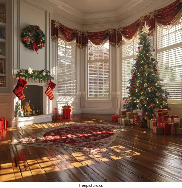 Christmas Decorated Living Room With Fireplace And Christmas Tree