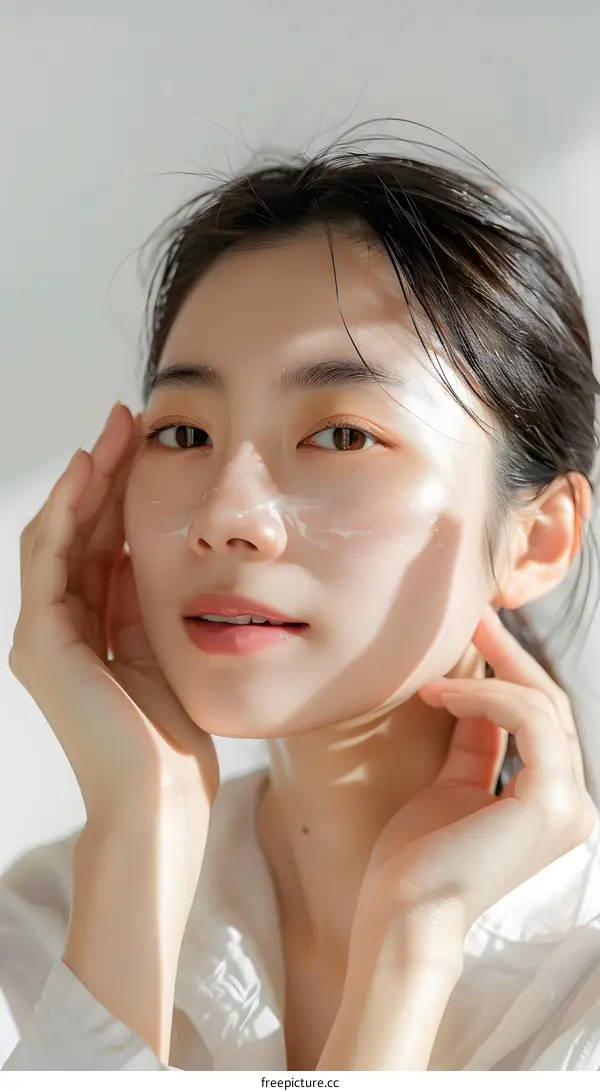 Young Asian Woman Applying Face Cream Skin Care Routine