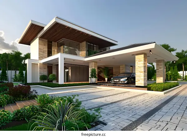 Modern Luxury Home With Carport And Stone Facade