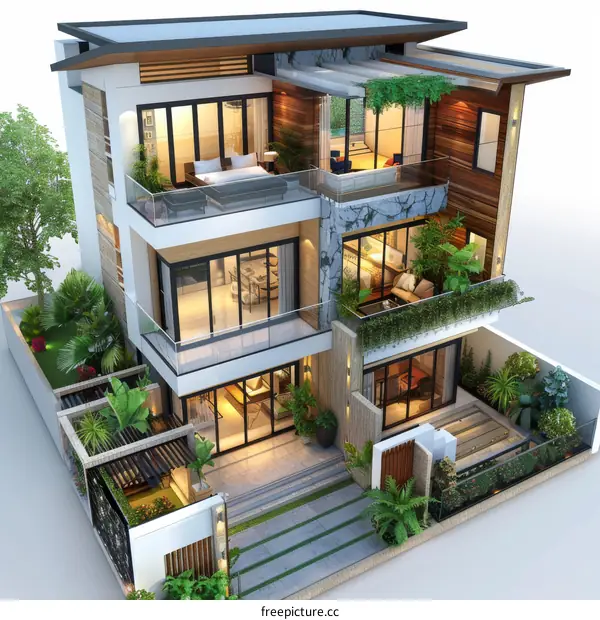 A 3D rendering of a modern house with a pool