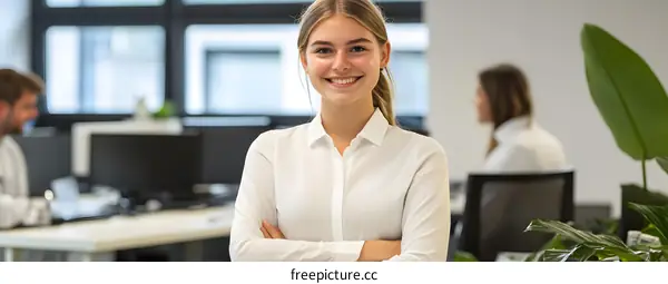 Smiling Woman in White Shirt Standing in Office with Arms Crossed