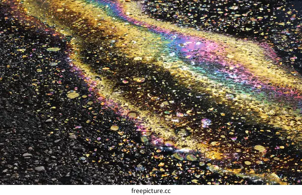 Rainbow Oil Slick on Dark Asphalt Surface
