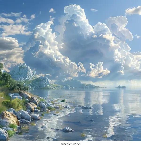 Serene Lakeside Landscape with Dramatic Cloudscape