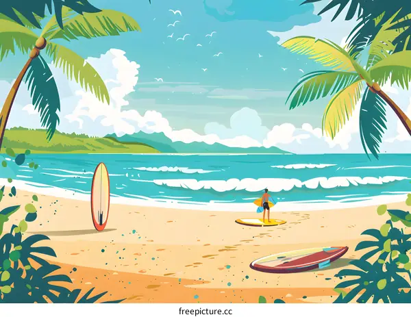 Tropical Beach Summer Scene With Surfer On Sandy Beach