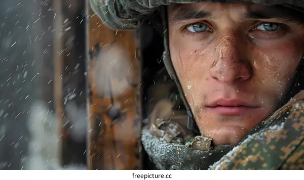 Portrait of a young soldier in the snow
