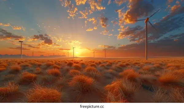 Wind Turbines at Sunset in a Desert Landscape