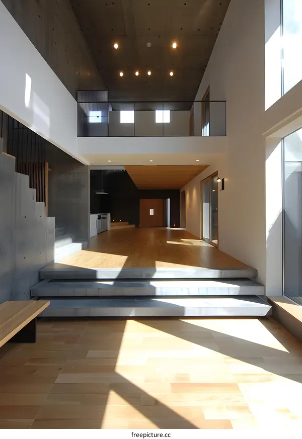 Modern Open Concept Home Interior Design With Concrete Walls And Wooden Floors