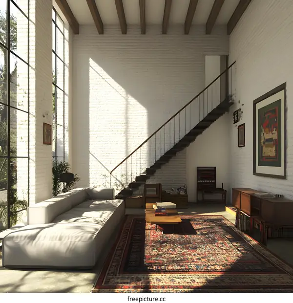 Modern Interior Design with White Brick Walls and Wooden Beams