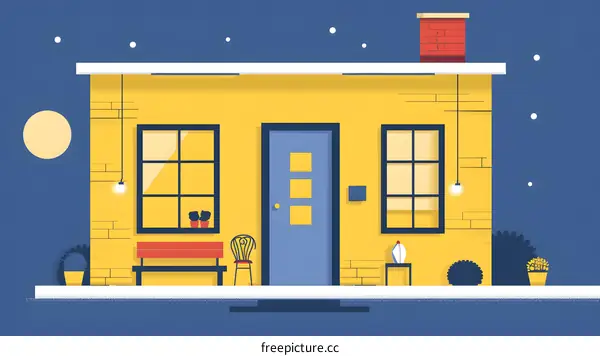 Yellow Brick House with a Blue Door and Red Bench