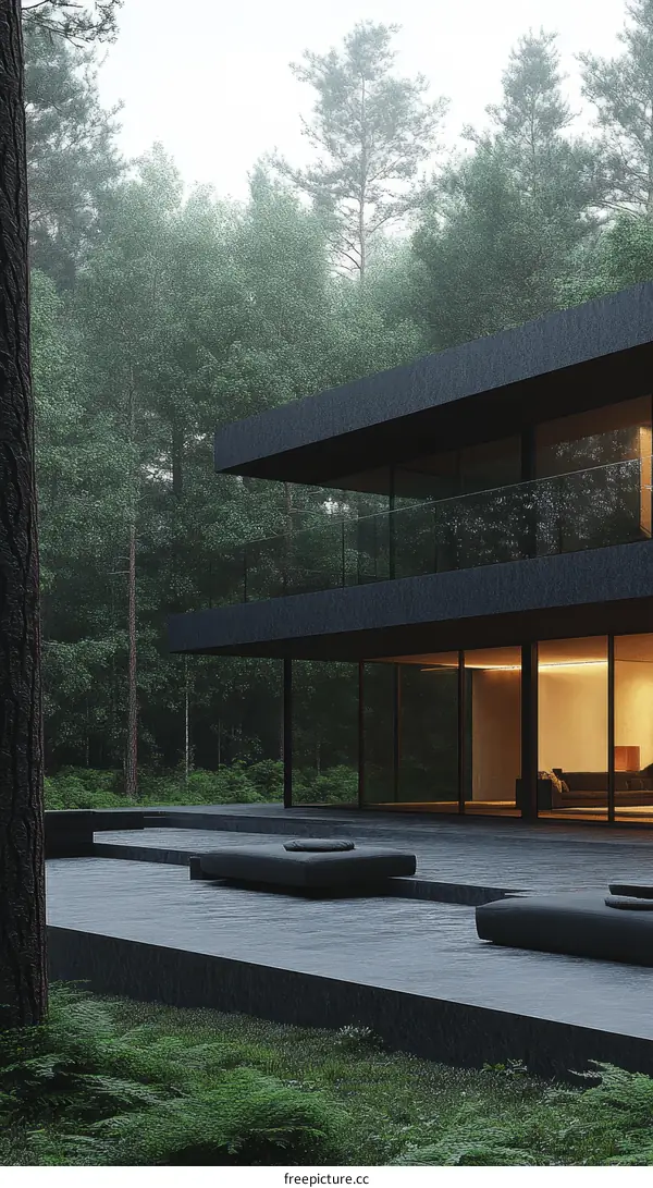 Modern Dark House in a Misty Forest