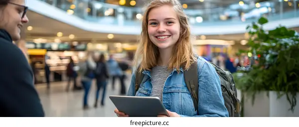 Smiling Young Woman Holding Tablet In Shopping Mall