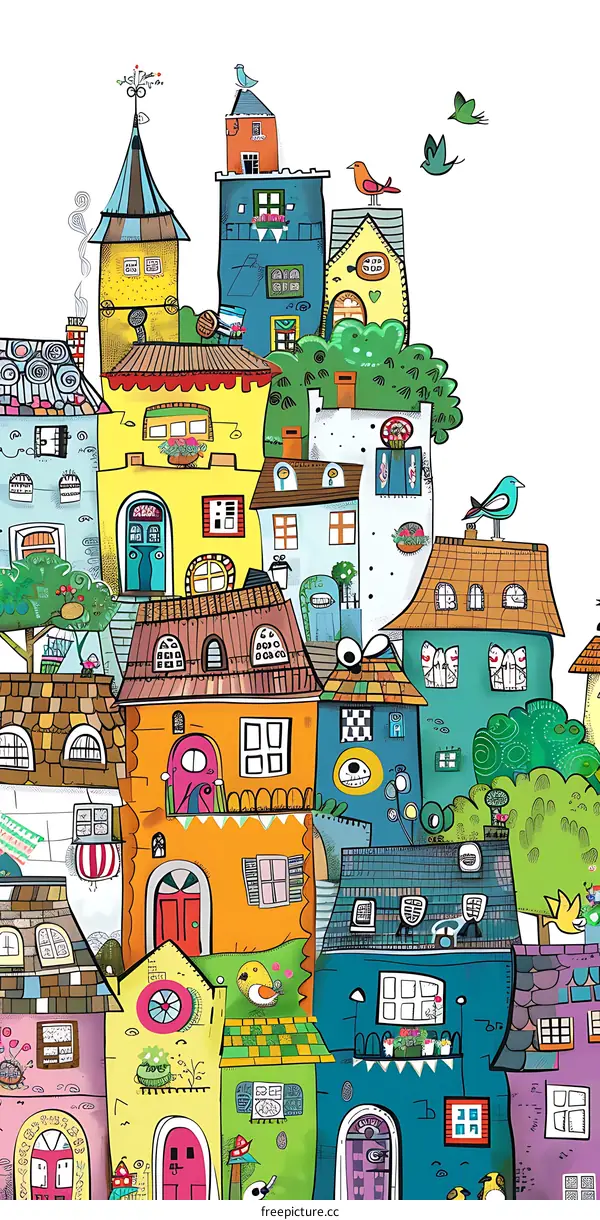 Colorful Illustration Of A Cartoon Town With Houses And Birds