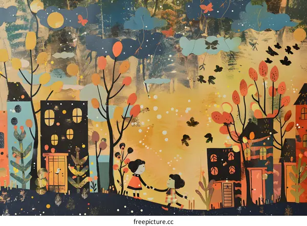 Two Girls Walking in a Winter Village Illustration