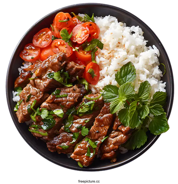 [Transparent Background PNG]Beef and Rice Bowl with Cherry Tomatoes and Green Herbs