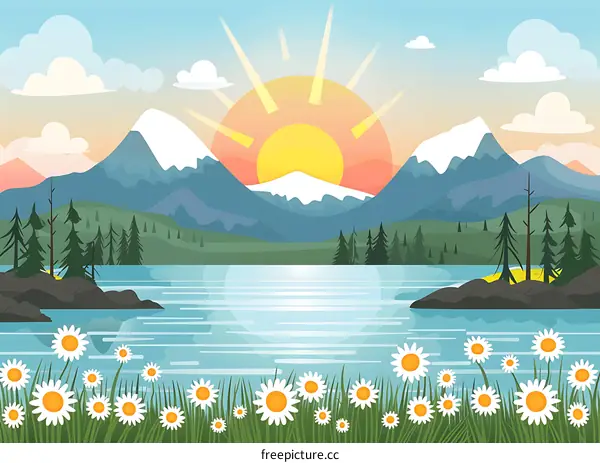 Sunrise Over Mountain Lake With Daisies