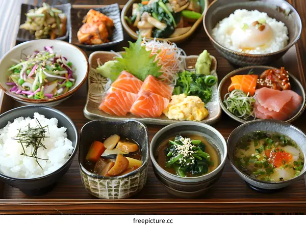 Traditional Japanese Food On Wooden Tray