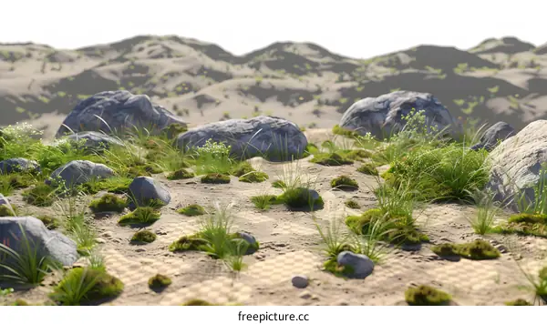 3D Rendered Landscape With Grass And Rocks