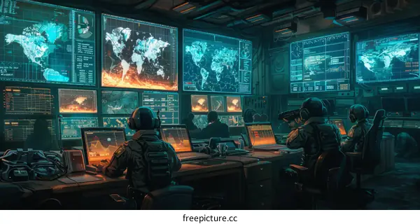 Soldiers In High-Tech Command Center Monitor Global Conflict