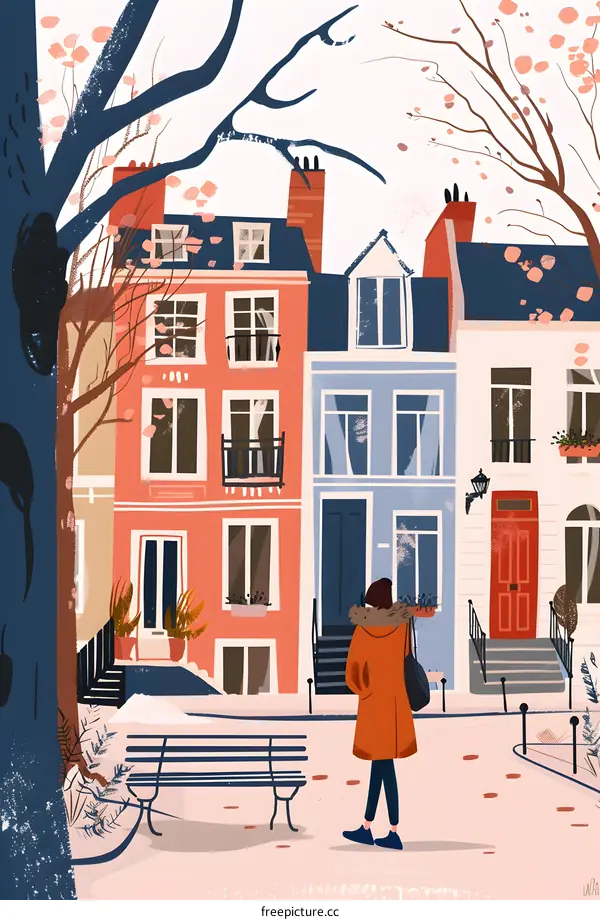 Woman Walking in a European Neighborhood Illustration