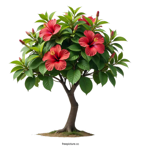 [Transparent Background PNG]Red Hibiscus Flower Tree Isolated on transparent background